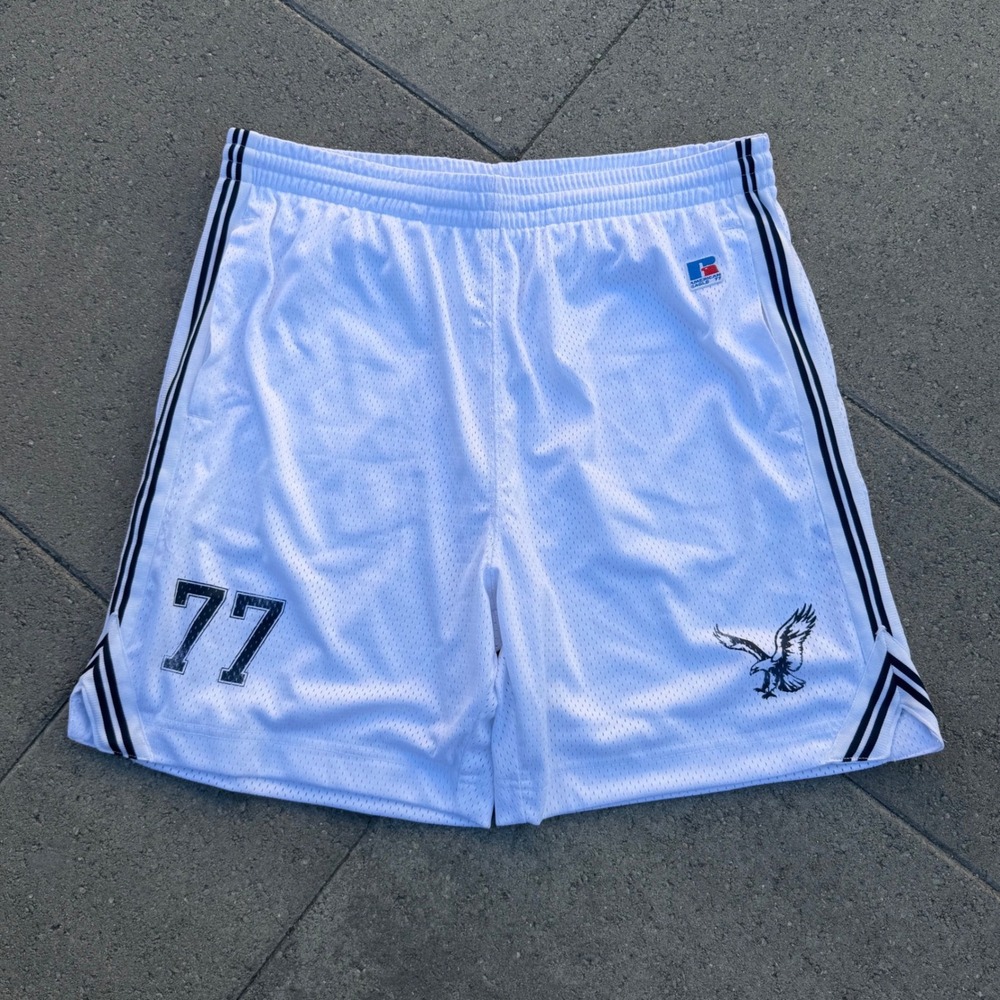 American Eagle Russell Athletic White Mesh Gym Shorts Mens Medium 77 Graphic